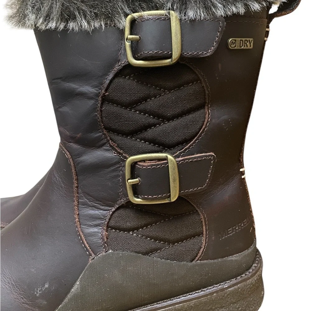 Merrell Womens Tremblant Ezra Zip Brown Boots Size 9 Faux Fur Winter Wet Ice